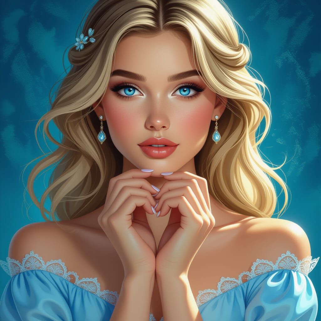 Beautiful Woman Portrait with Flowing Hair and Blue Eyes