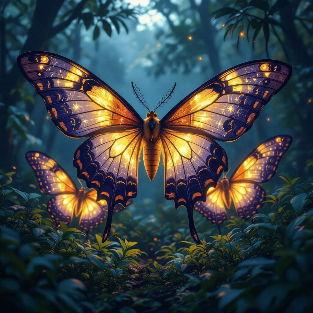 Giant Lantern Moths in Jungle with Glowing Wings