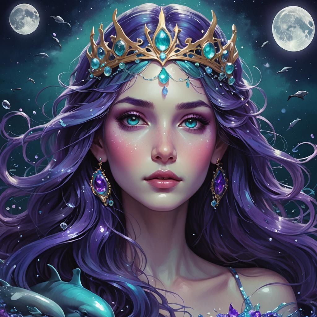 Mermaid with Blue Hair in Moonlit Ocean