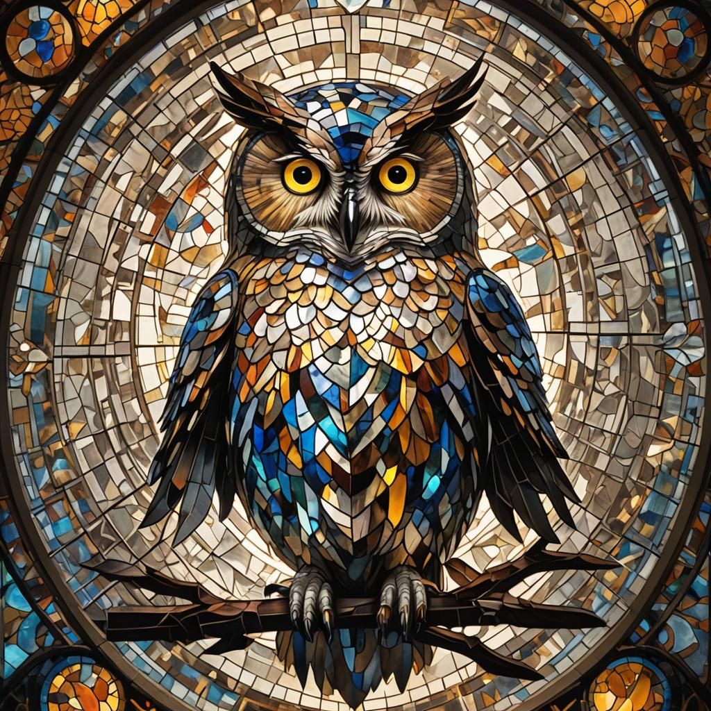 Stained Glass Owl Mosaic Illuminated by Sunlight