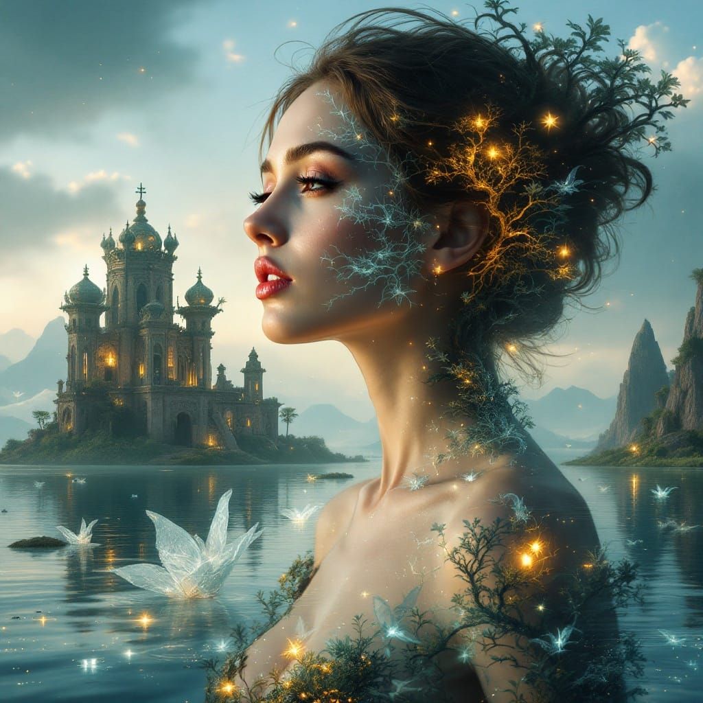 Double Exposure: Beautiful Woman in Surreal Landscape