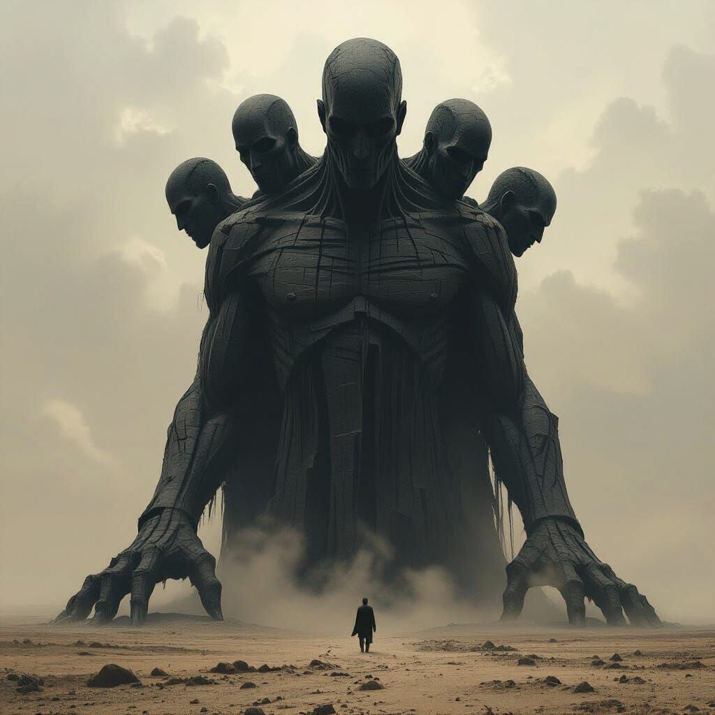 Decaying Deity Statue on Windswept Plain in Dark Style