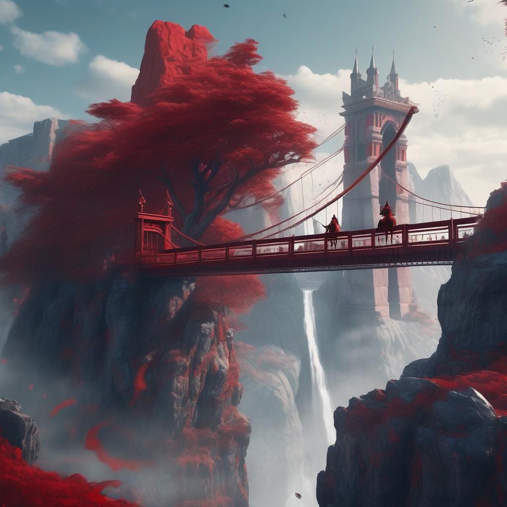 Red Suspension Bridge with Warrior, Watercolor Art