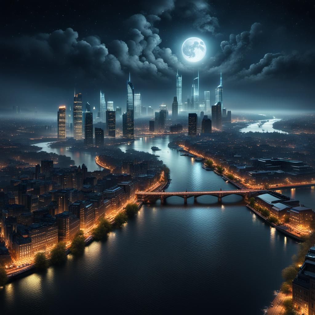 Night City Skyline with Sparkling River