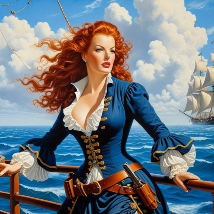 Beautiful Pirate Woman on Ship Deck as Oil Painting