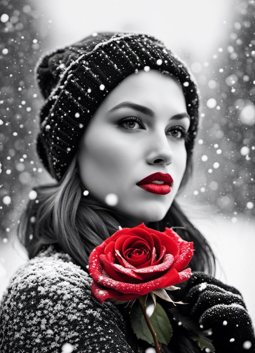 Woman with Red Rose in Winter B&W Portrait