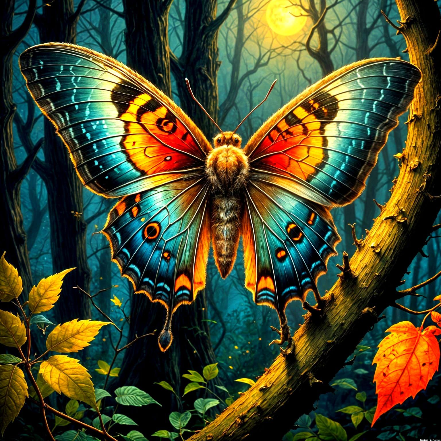 Moth Under Ethereal Moonlight in Dark Fantasy Forest