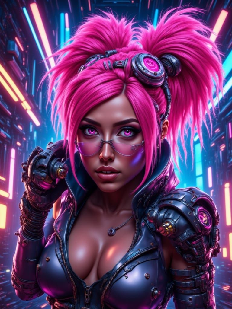 Cyberpunk Pink-Haired Boxer in Futuristic Arena