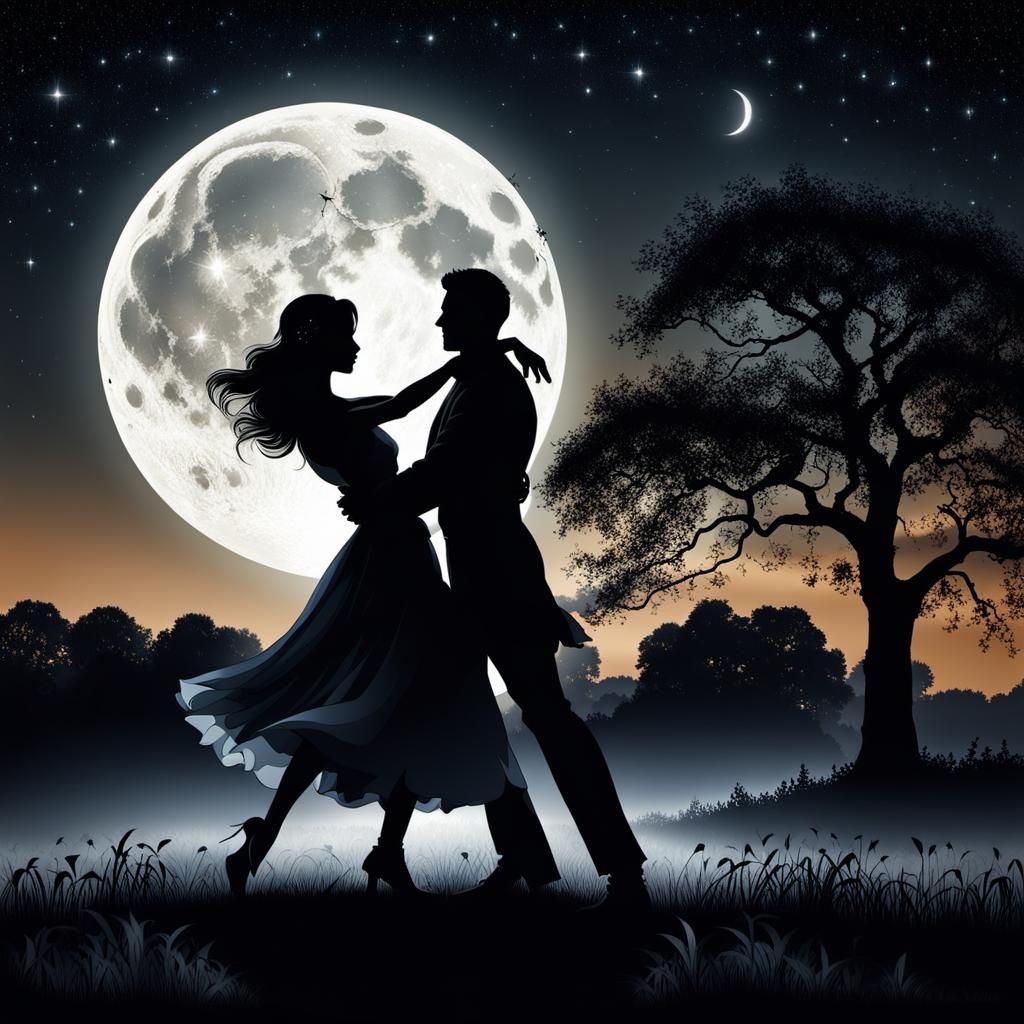 Silhouetted Couple Dancing Under a Moonlit Sky