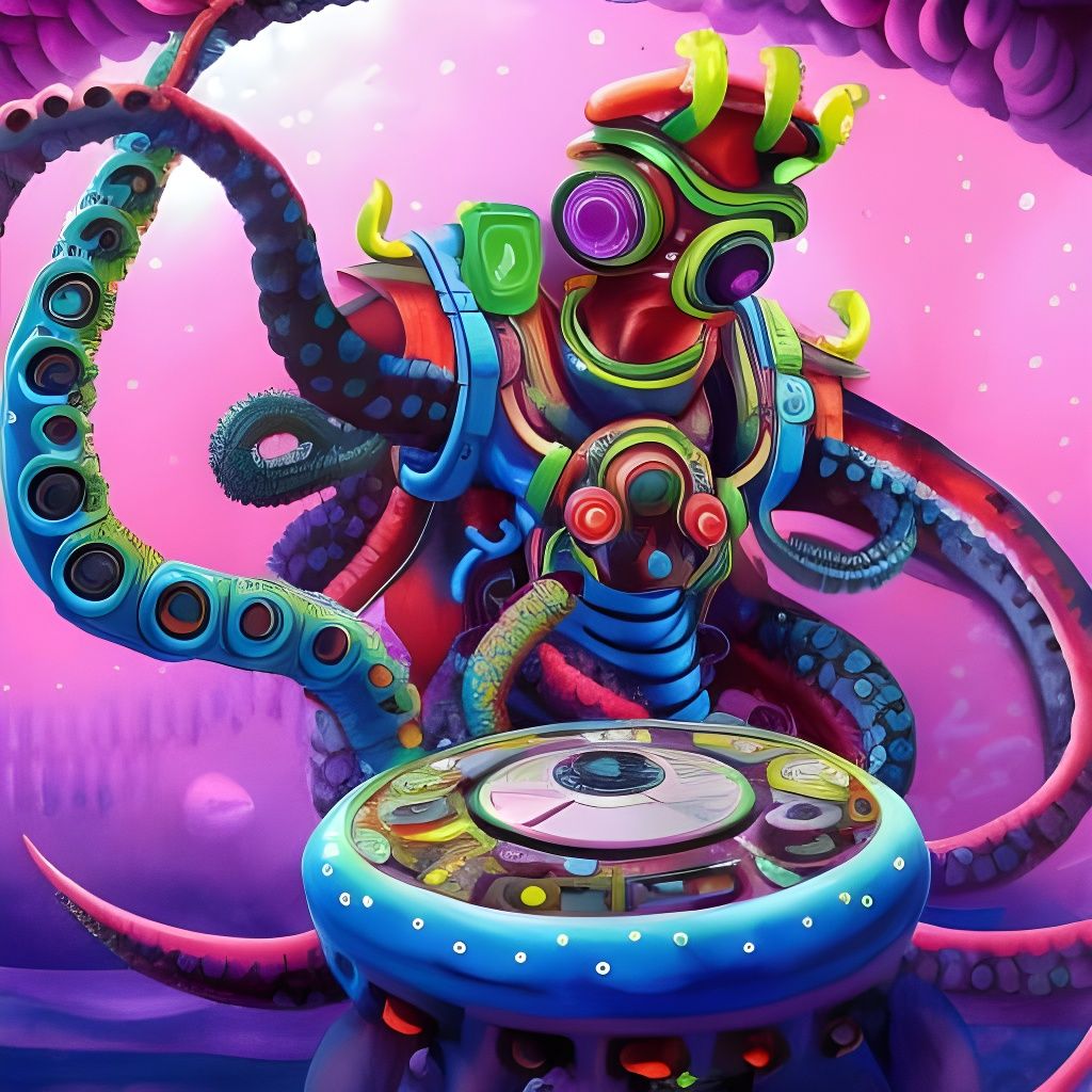 Cyberpunk Octopus Drummer at Underwater Rave