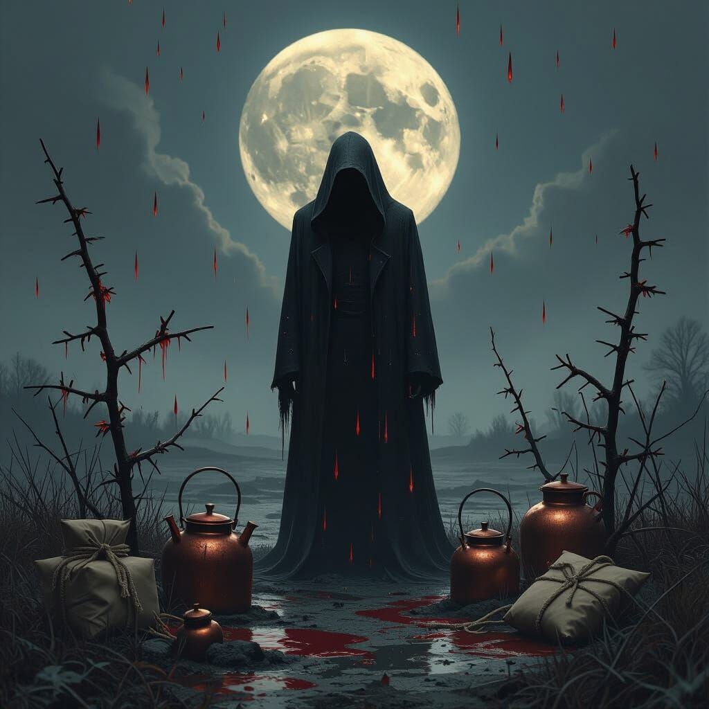 Melancholic Figure in Desolate Landscape, Dark Noir Style