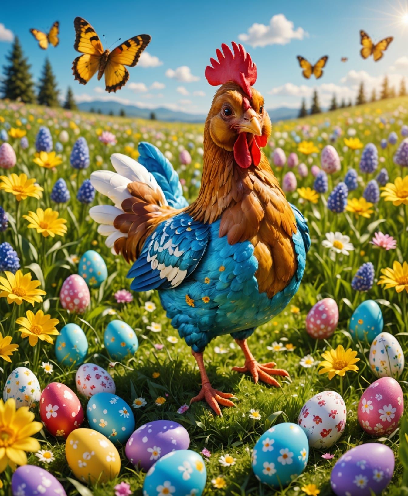 Vibrant Easter Chicken Surrounded by Spring Blooms