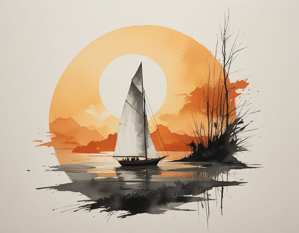Sailing Boat at Sunset in Vibrant Ink Wash Style