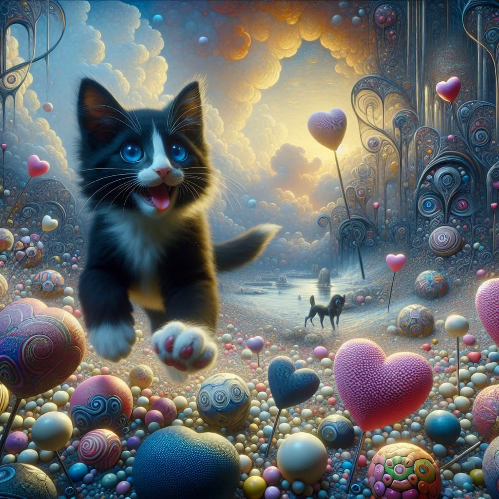 Whimsical Black and White Kitten Amidst Pointillist Toyland