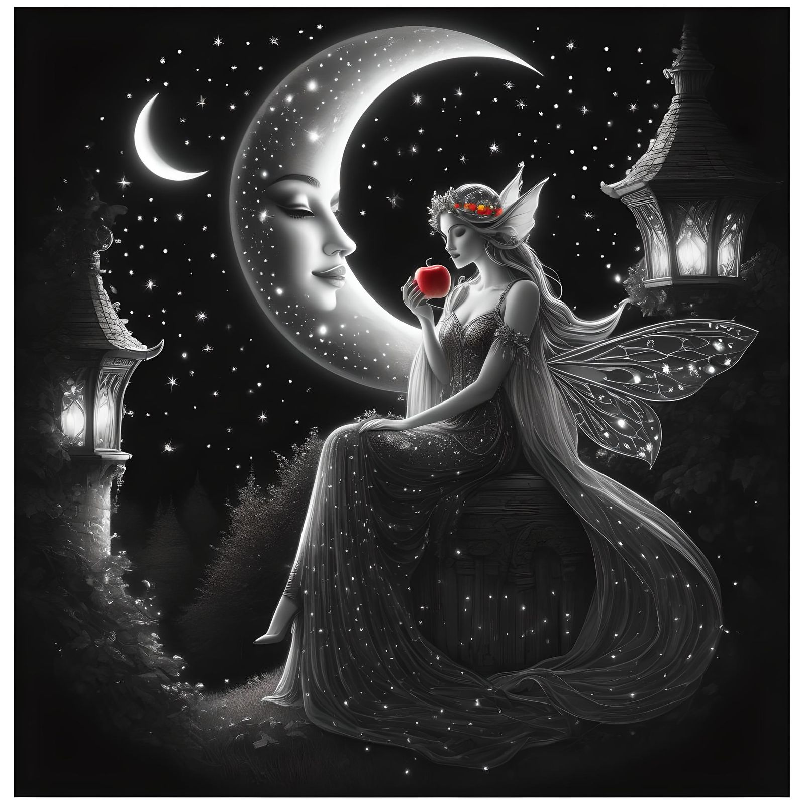 Elf lady Fairy lights  Moon with face Holding glowing neon R...