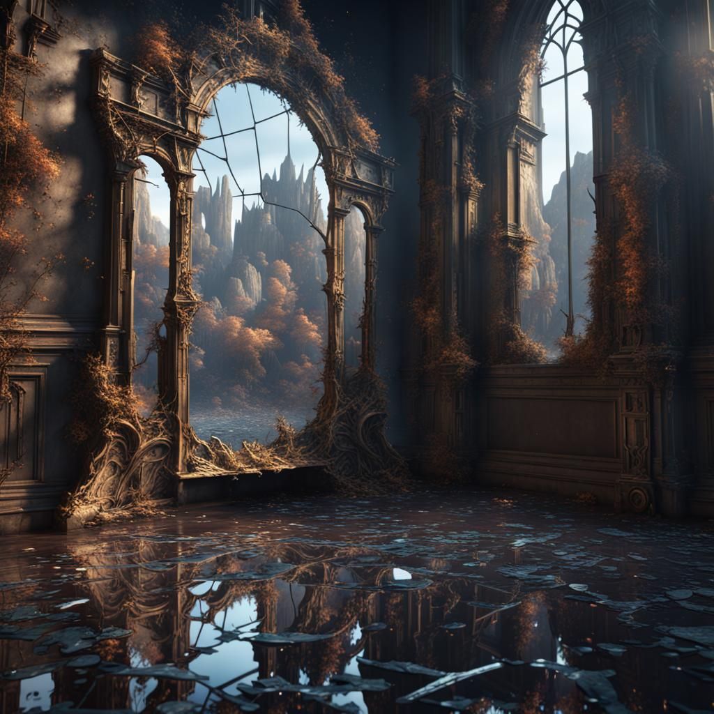 Shattered Mirror Reflecting Fantastical Scene: Detailed Matt...
