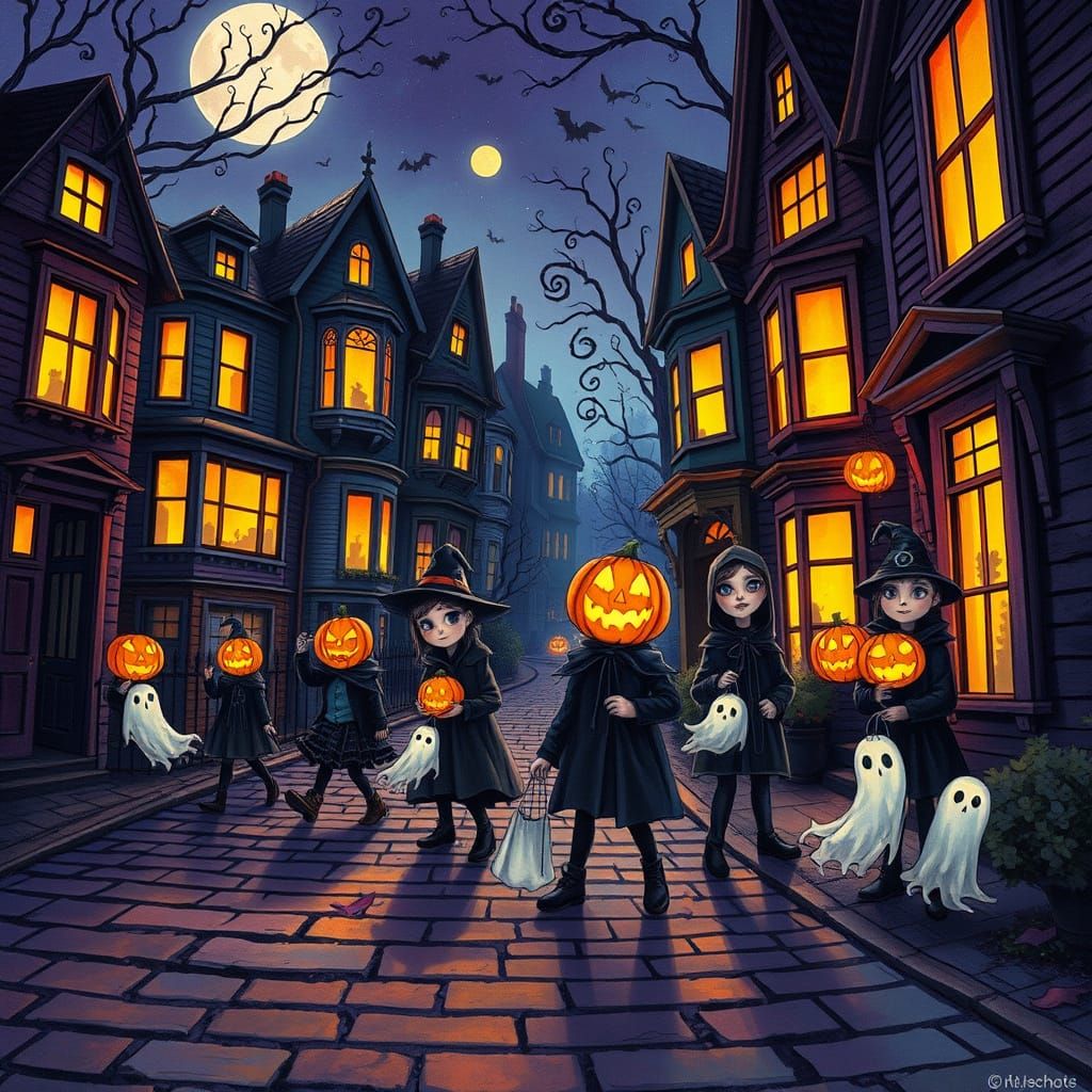 Spooky Halloween Trick-or-Treating in Pop Surrealism Style