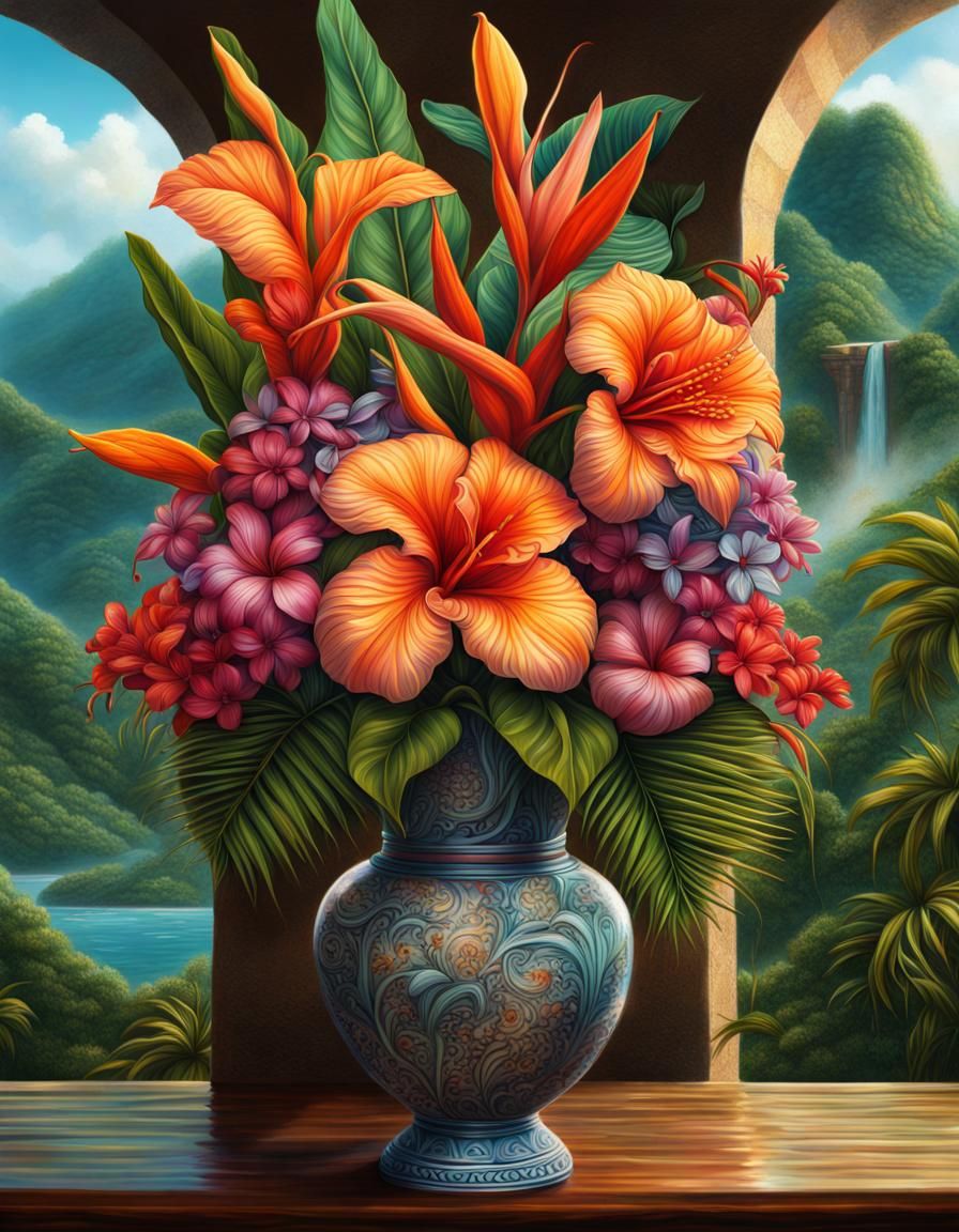Tropical Flower Arrangement Oil Painting