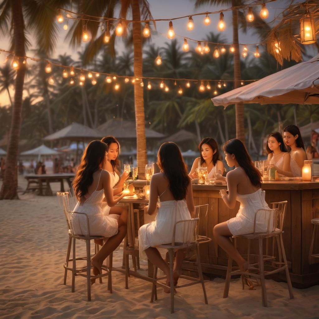 Thai Women at Sunset Beach Bar: Digital Art