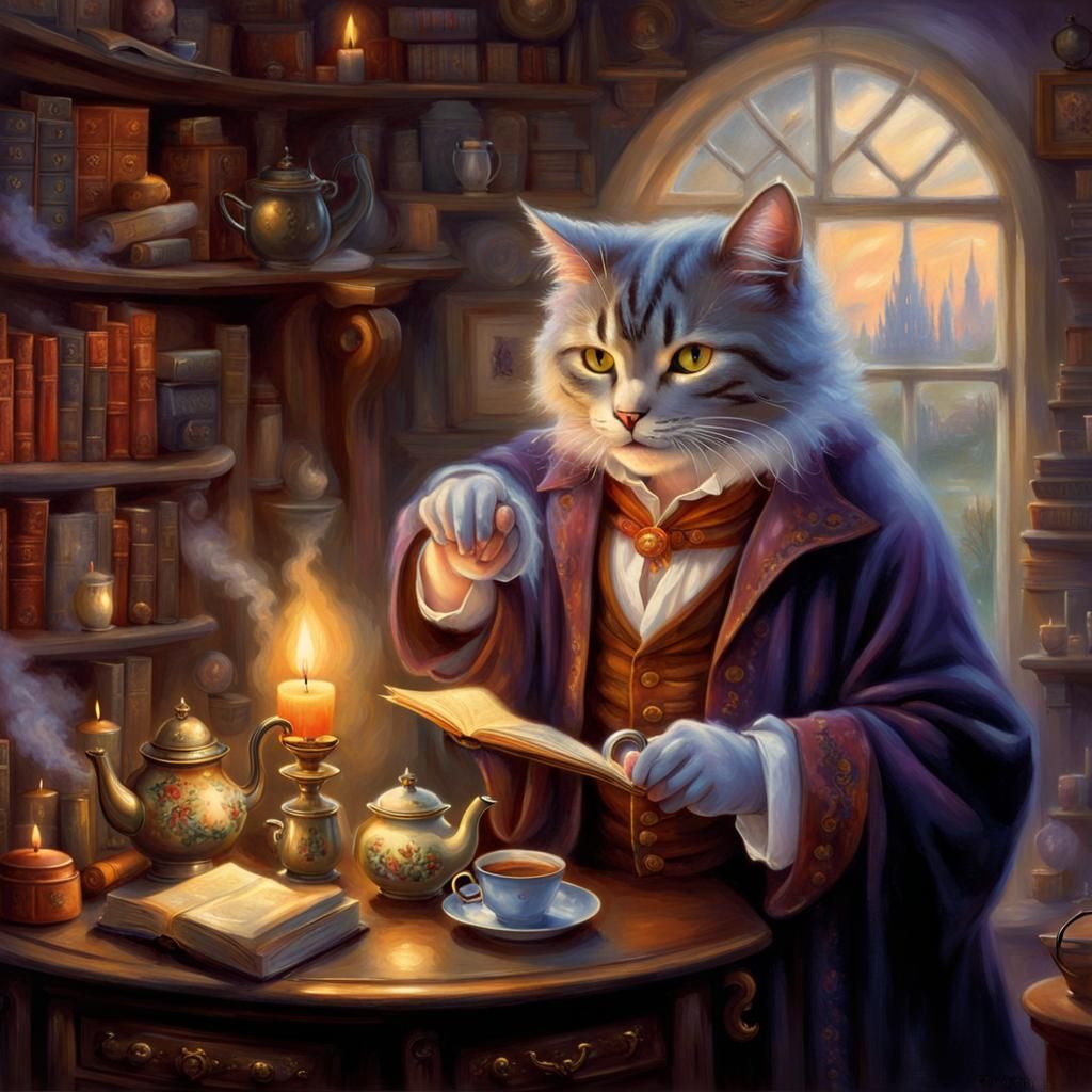 Magician, Witchy Cat, and Cottage Library