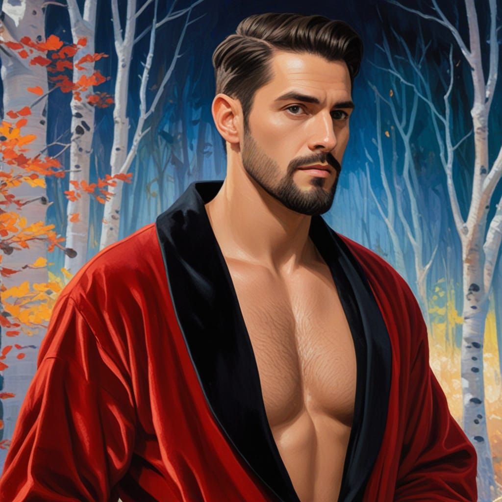 Man in Red Robe in Autumn Forest Neo-Impressionist Style