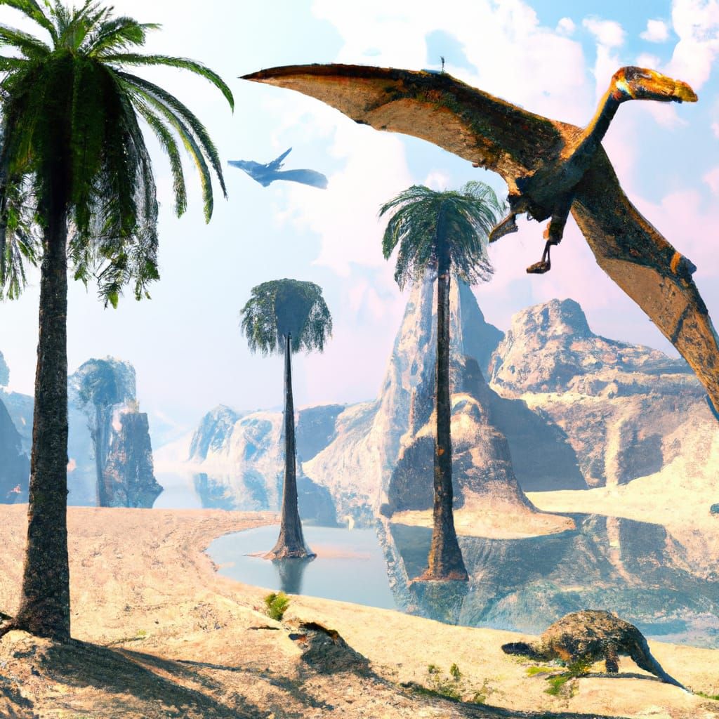 Pterodactyl Over Oasis in Prehistoric Pangea