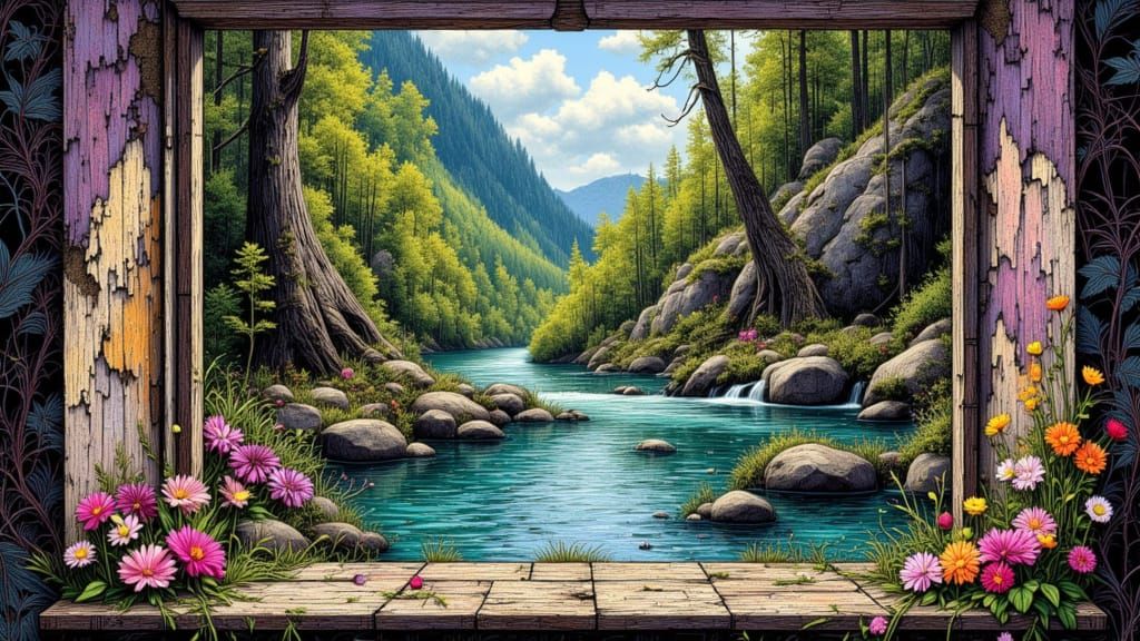 Surreal Colorful Brook Scene with Wildlife as Textured Oil P...