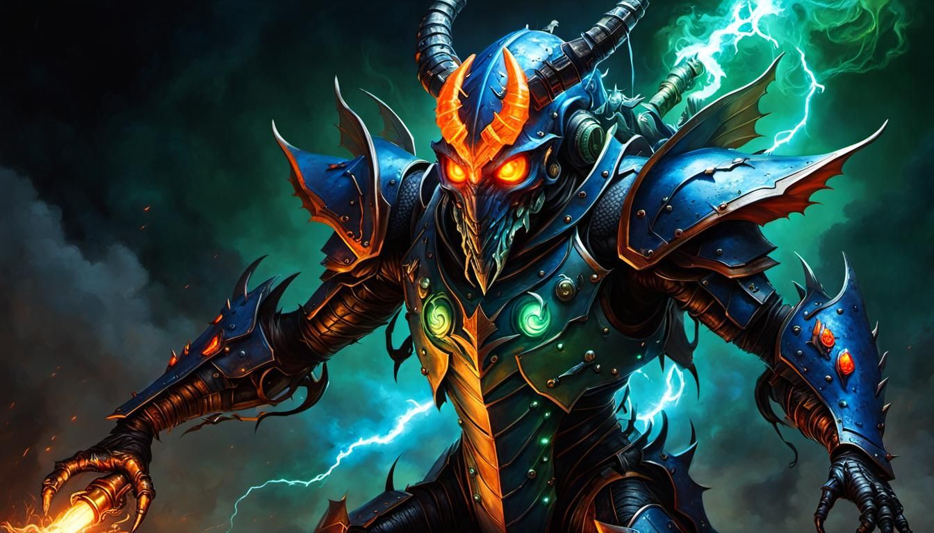 Armored Insect Demon in Fiery Realm: Gritty Fantasy Art