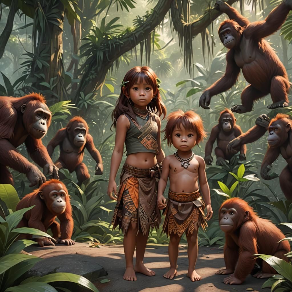 Toddler Girl with Orangutans: 3D Anime Art