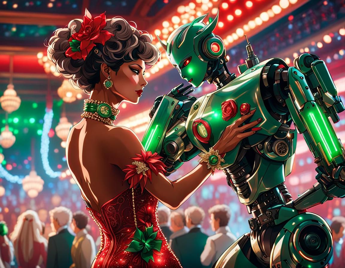 Festive Anime: Woman Dancing with Robot Companion