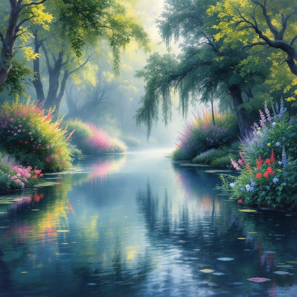 Idyllic Pond in Impressionist Style