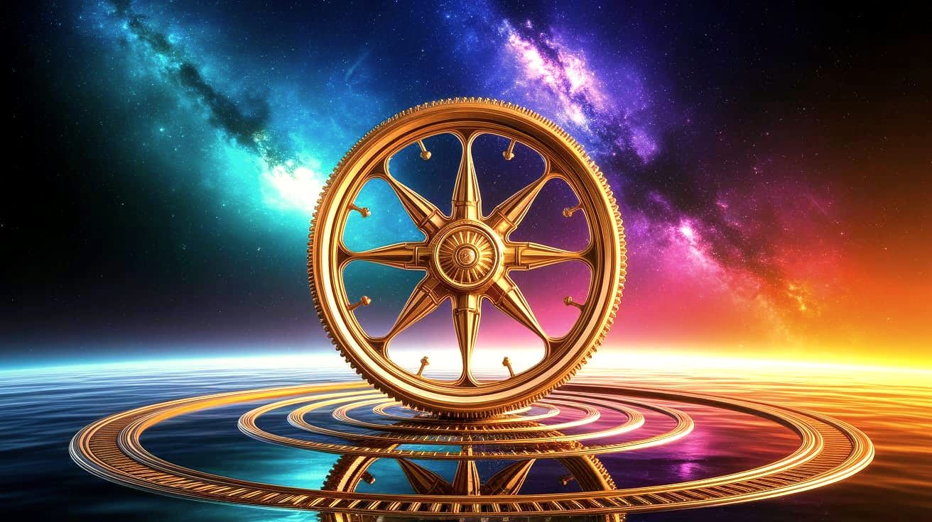 Golden Cosmic Waterwheel in Epic Cinematic Style
