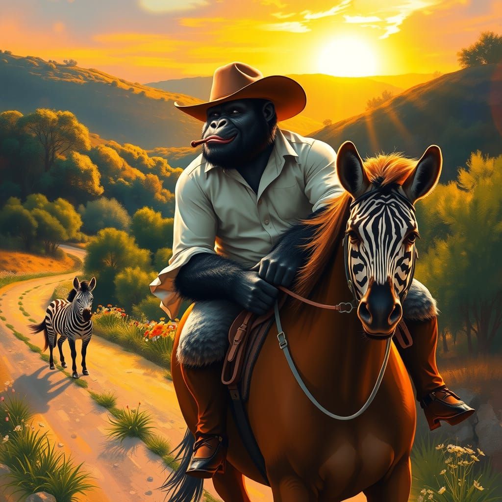 Gorilla Rides Horse Through Vibrant Wildflowers