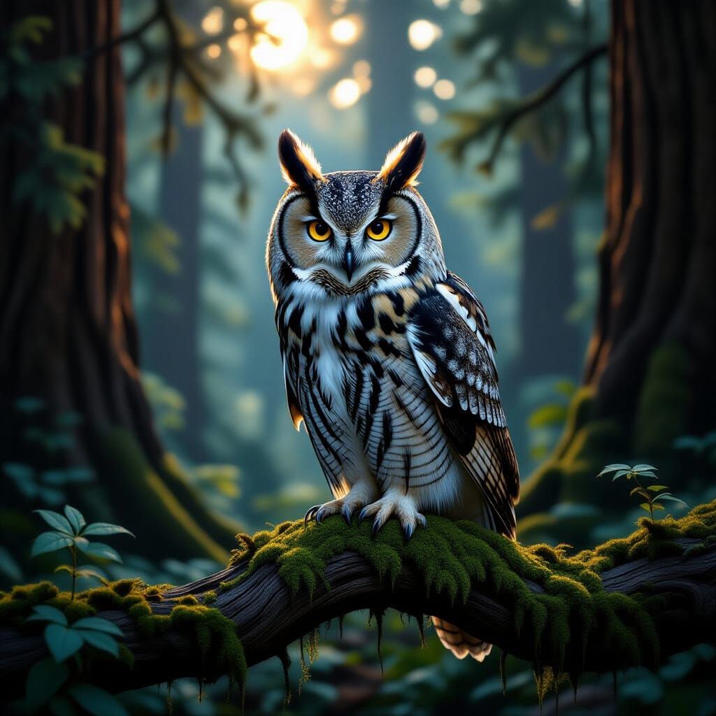 Majestic Owl Mimicking Redwood Bark in Moonlit Forest