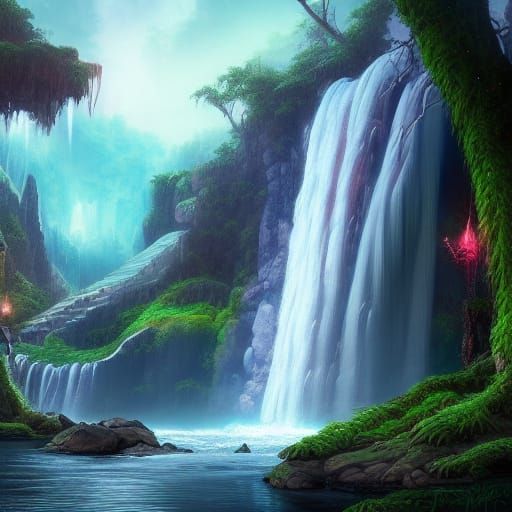 Fantastical Waterfall Matte Painting in Deep Color
