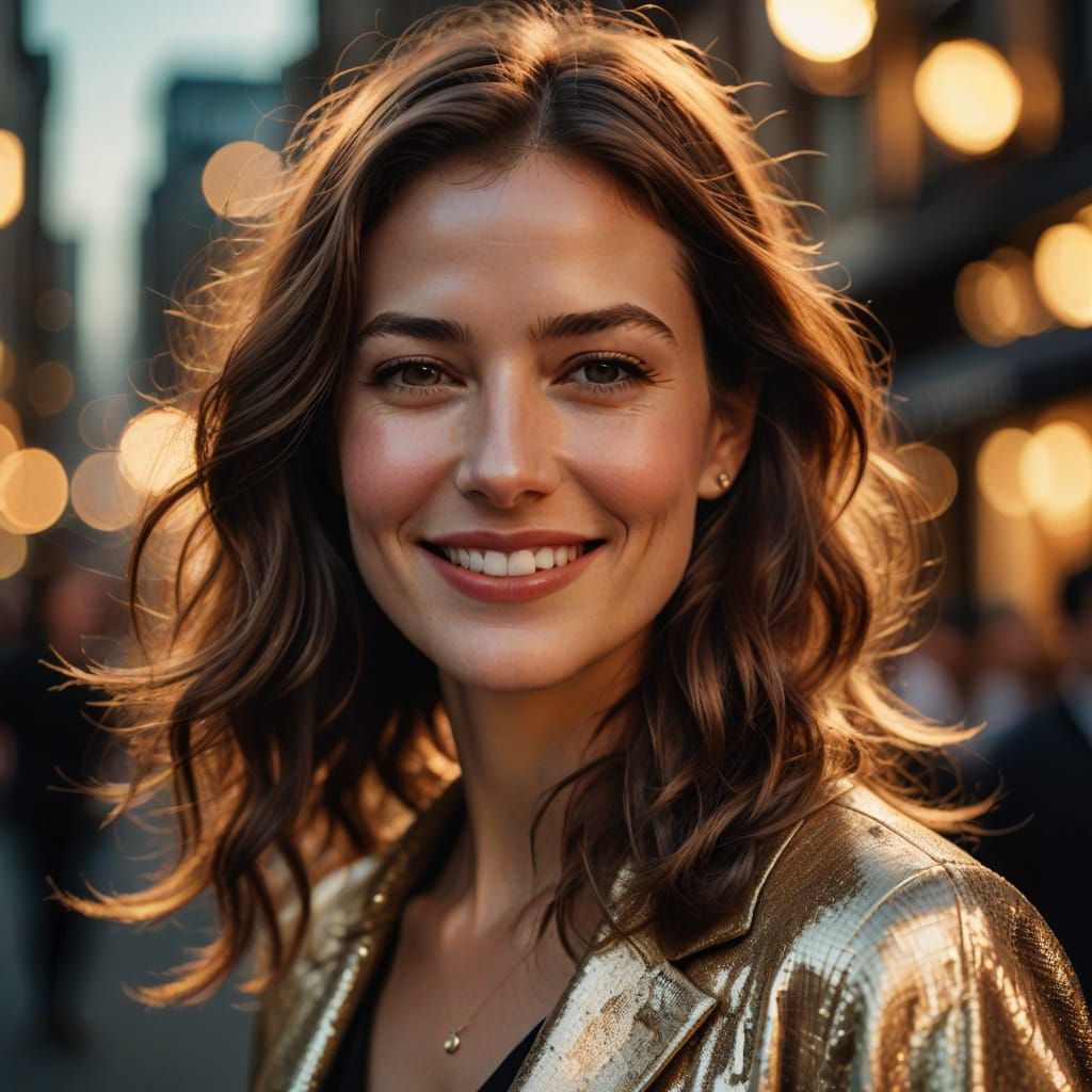 Golden Portrait of Smiling Woman in Hollywood Glamour Style