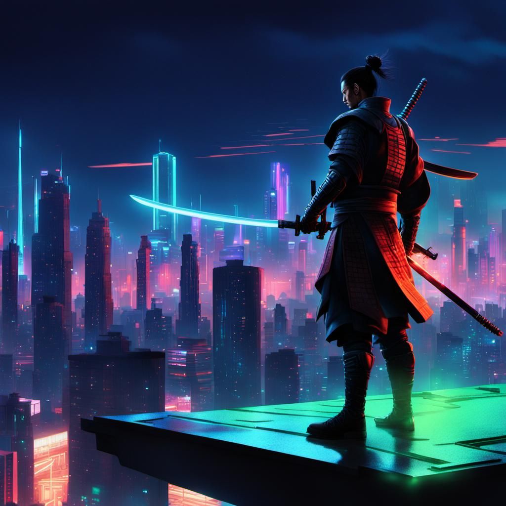 Cyberpunk Samurai with Energy Katana Over Metropolis