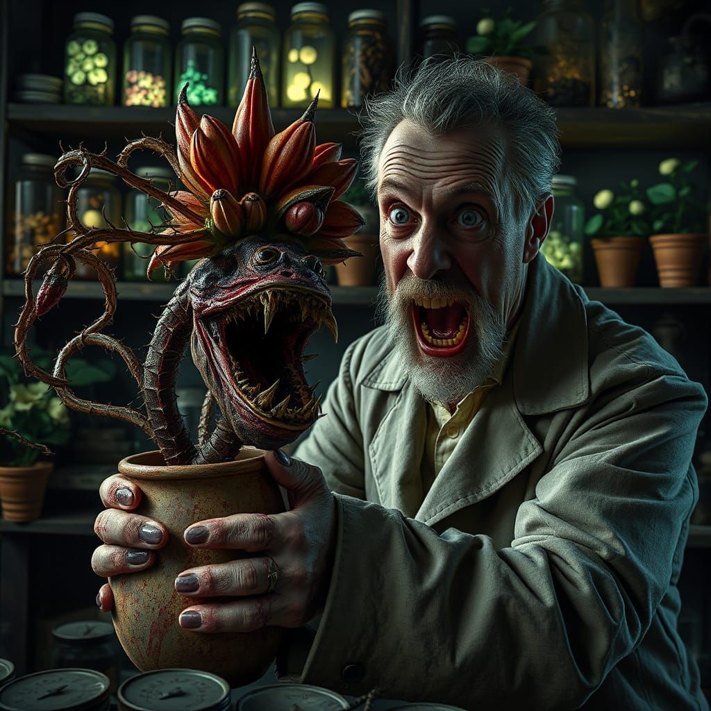 Grotesque Flower Monster Attacks Mad Professor