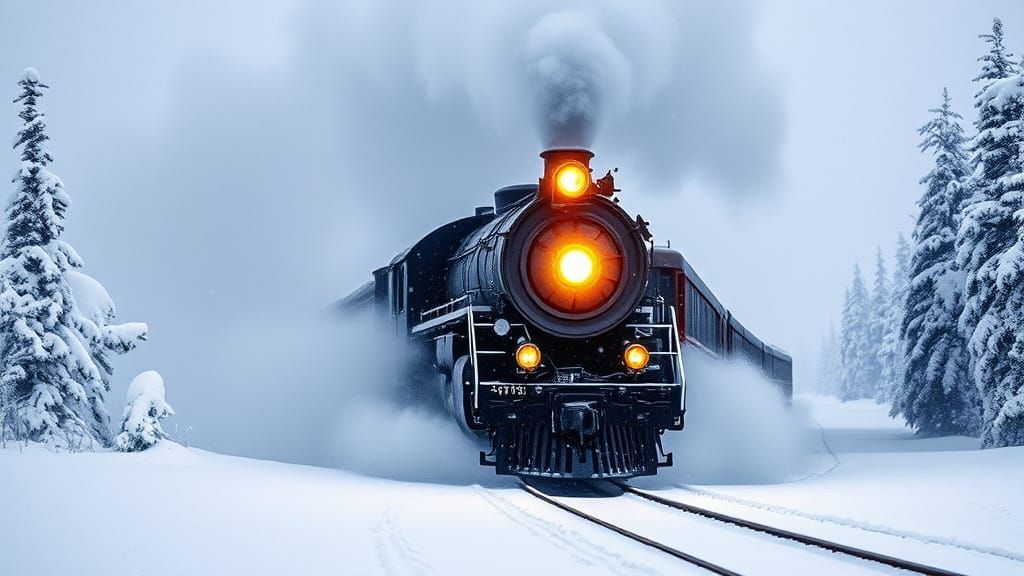 Old steam train plowing through heavy snow in Alaska.