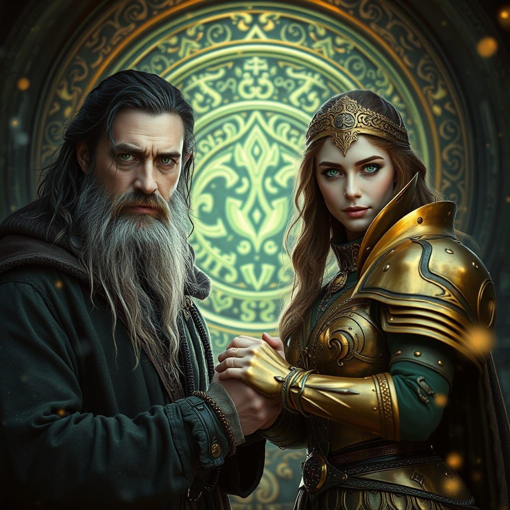 Mystical Portal Scene with Green-Eyed Travelers