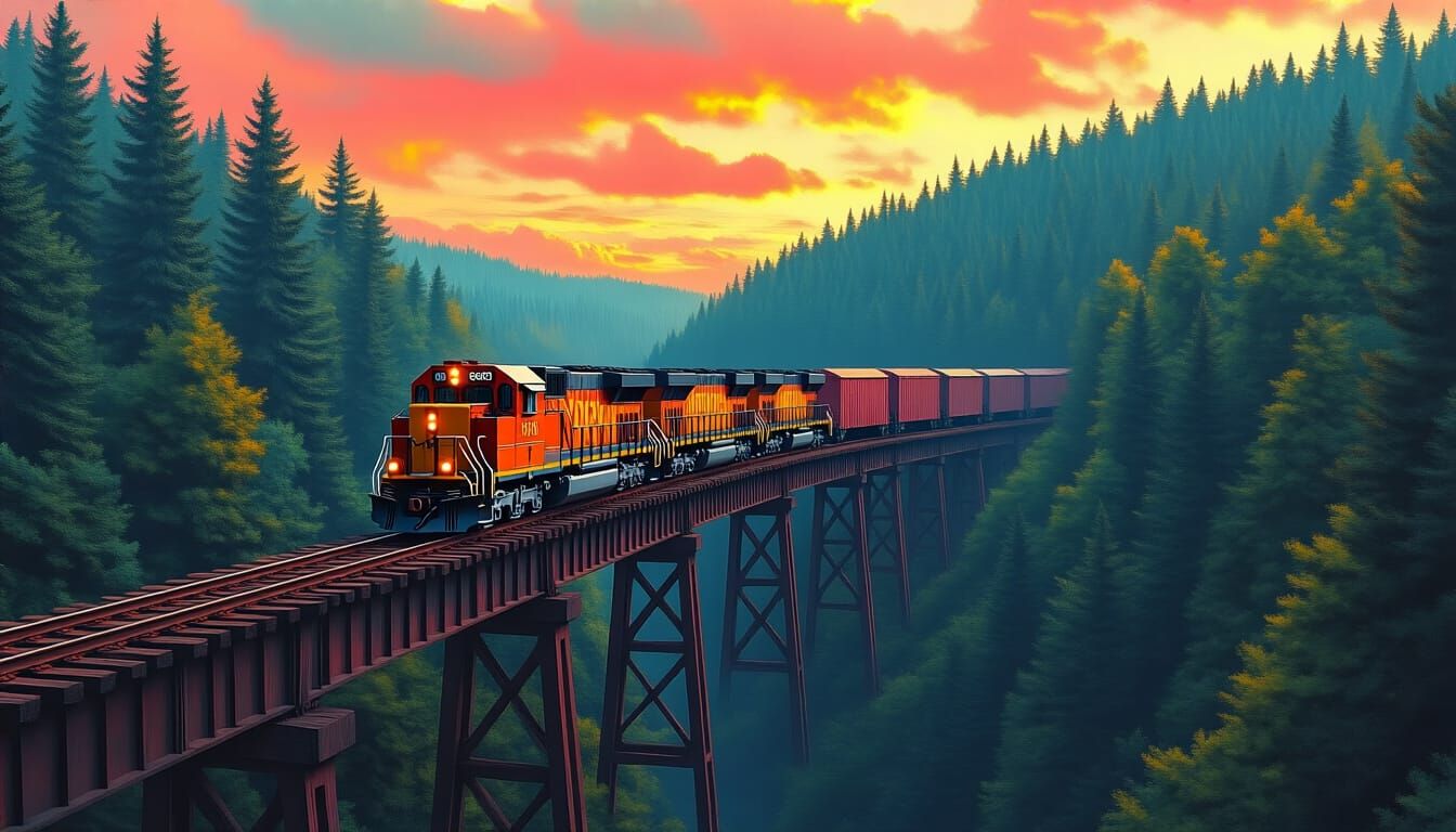 Freight Train Over Ravine in Hyperrealistic Style