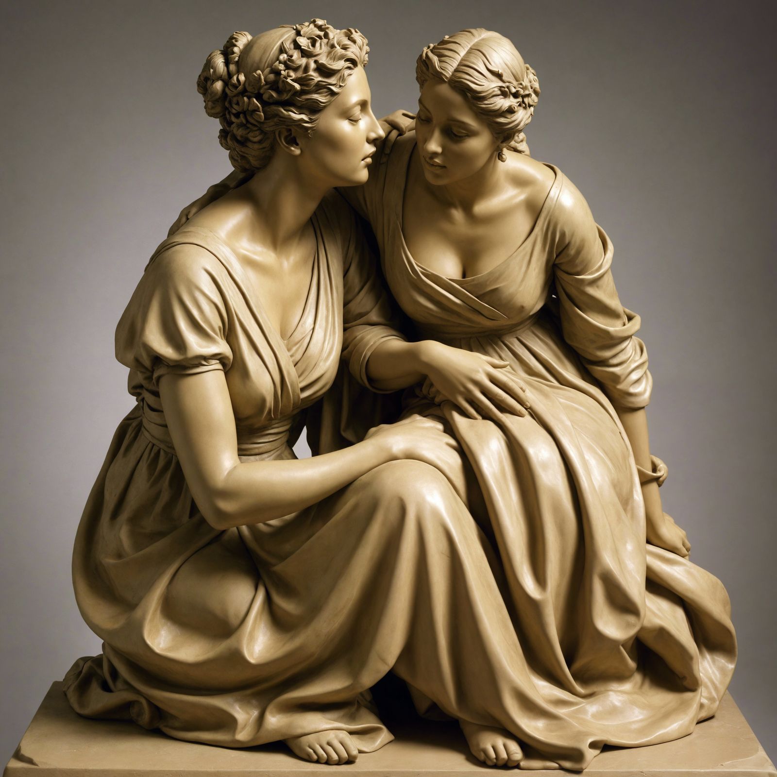 An award-winning sculpture featuring two women of diverse ancestry, one Hispanic and the other Caucasian, warmly embraci...