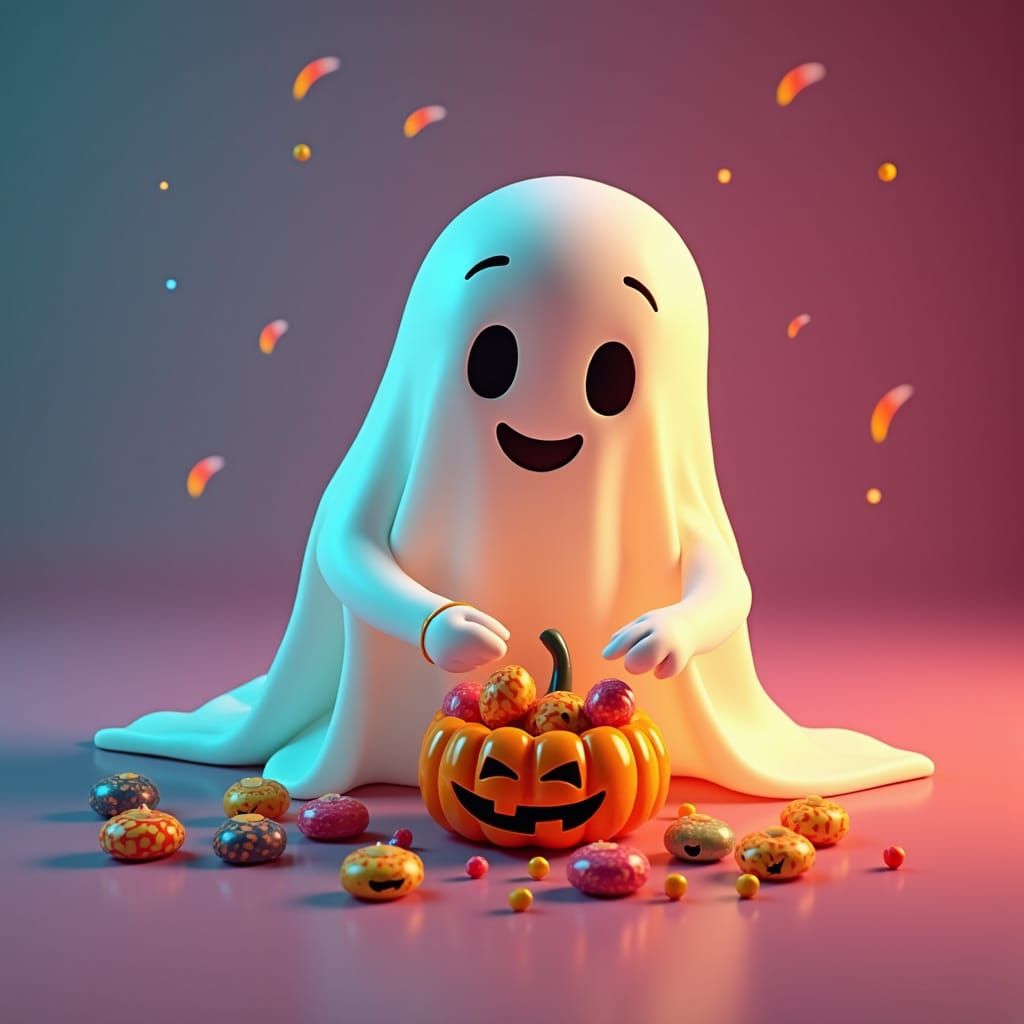 Whimsical Halloween Ghost with Candy: Pop Art Style