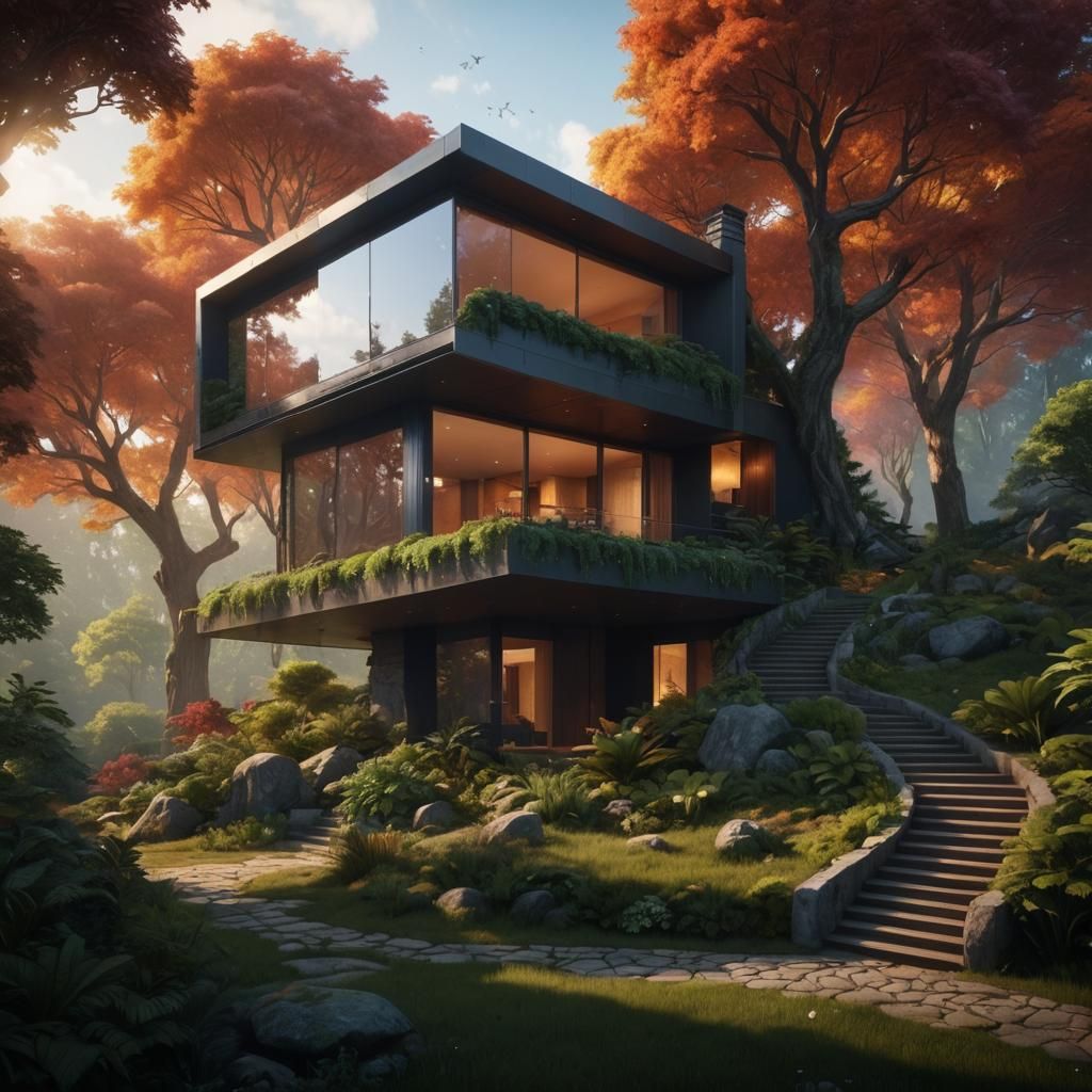 Secluded Modern House in Forest: Fantasy Concept Art