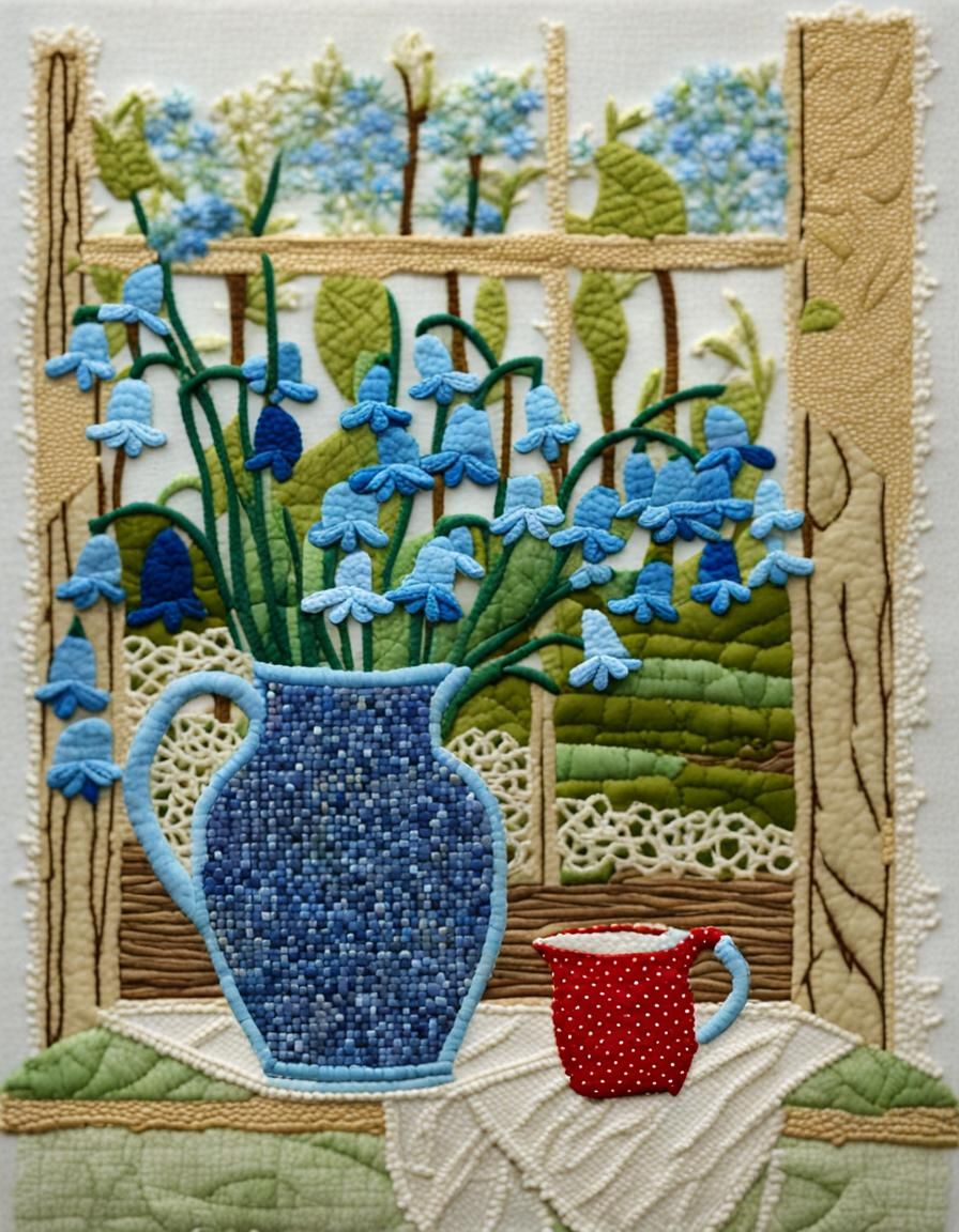 Bluebells in Jug: Appliqué Embroidery Art