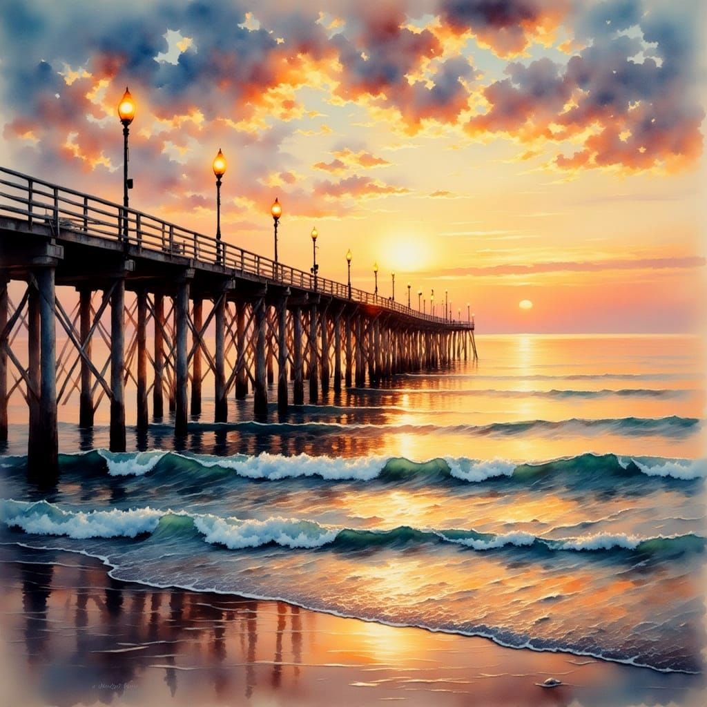 Fishing Pier at Dusk in Watercolor Style