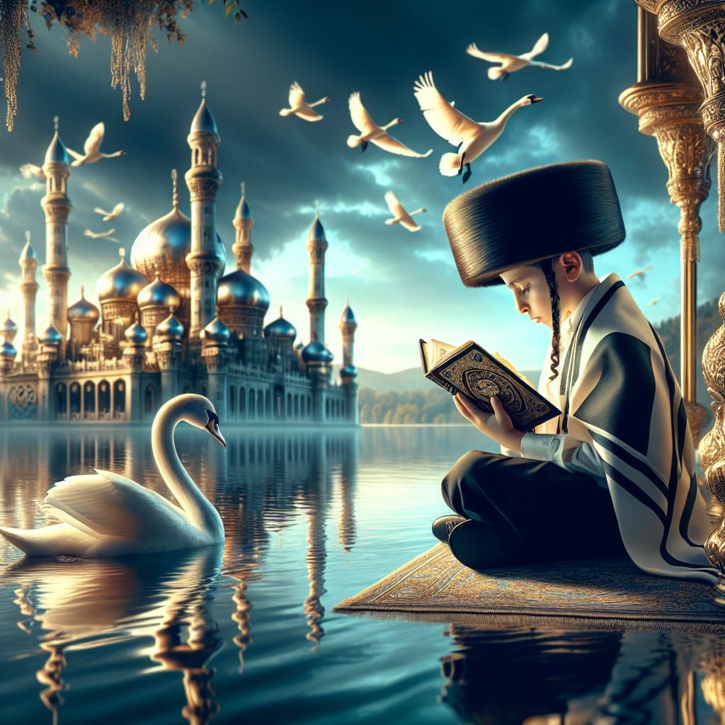 Boy Praying by Lake with Swans: Fantasy Concept Art