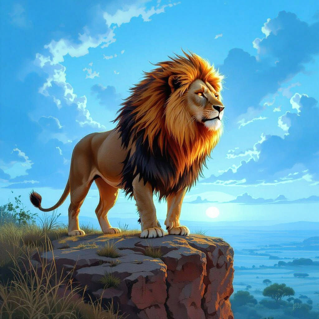 Fiery Lion Overlooking Savannah as Fantasy Art