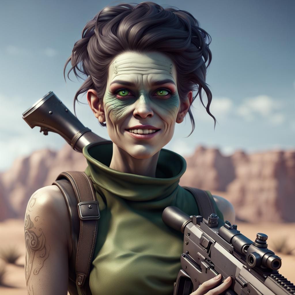 Female Frankenstein with Rifle in Desert, Detailed Art