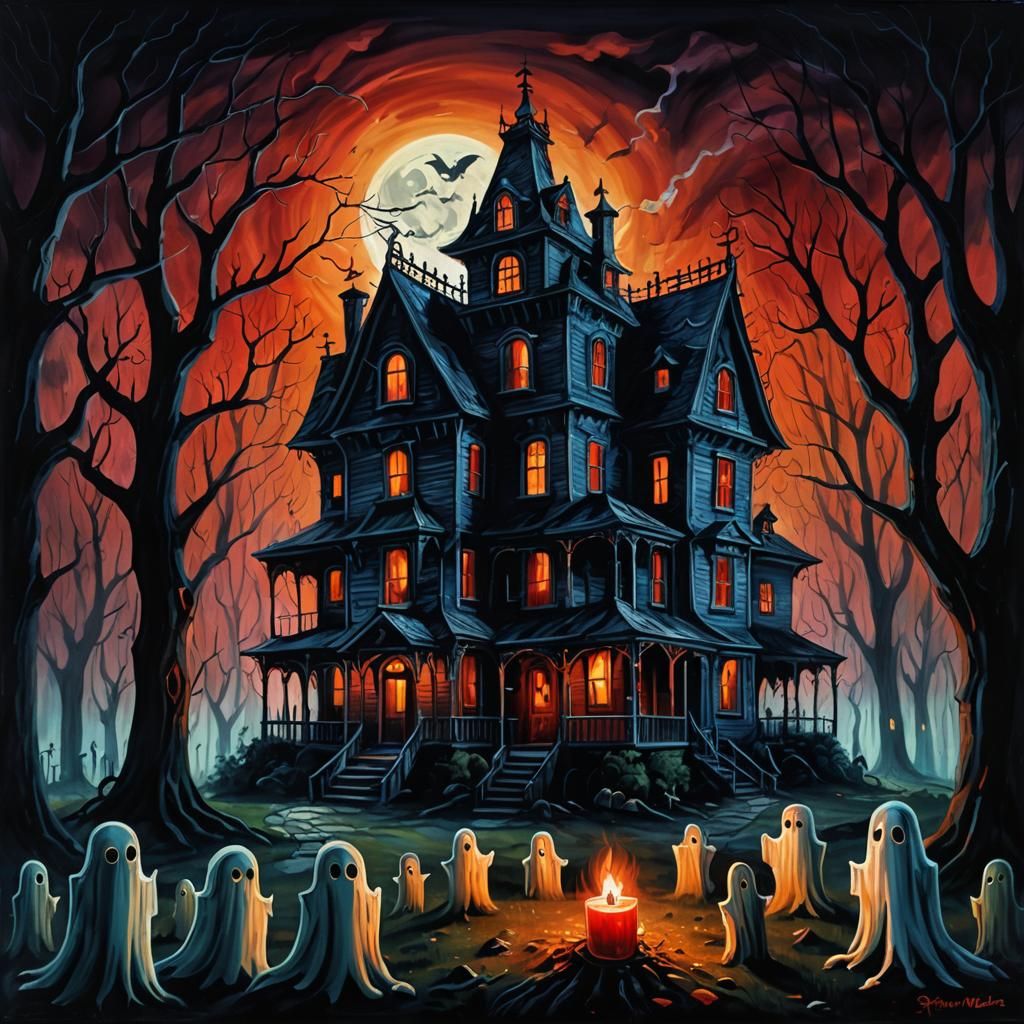 Haunted House with Ghosts in Dark Fantasy Style